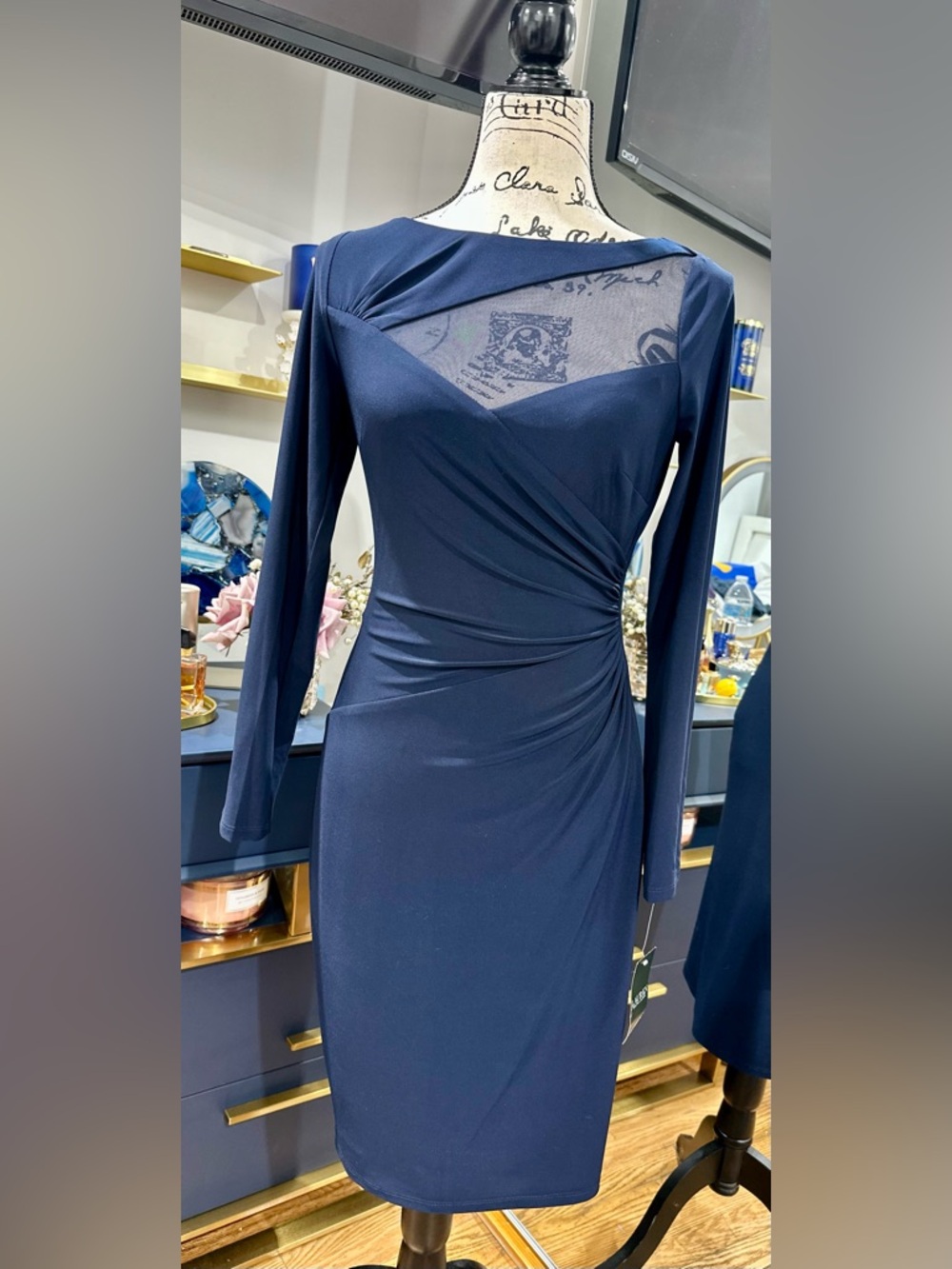 Lauren Ralph Lauren Navy Long-Sleeve Sheath Dress with Illusion Neckline